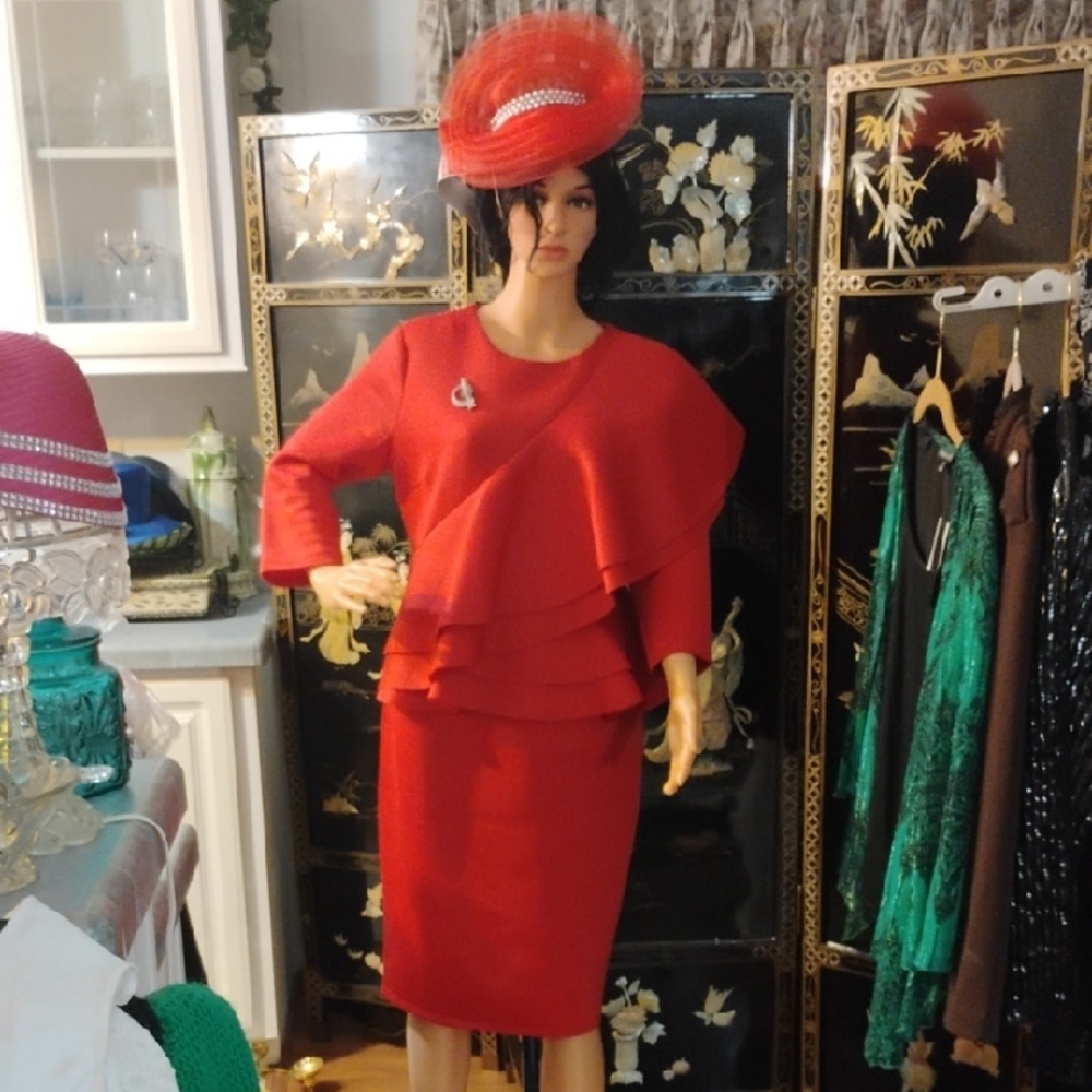 Elegant Red Layered Dress and Hat